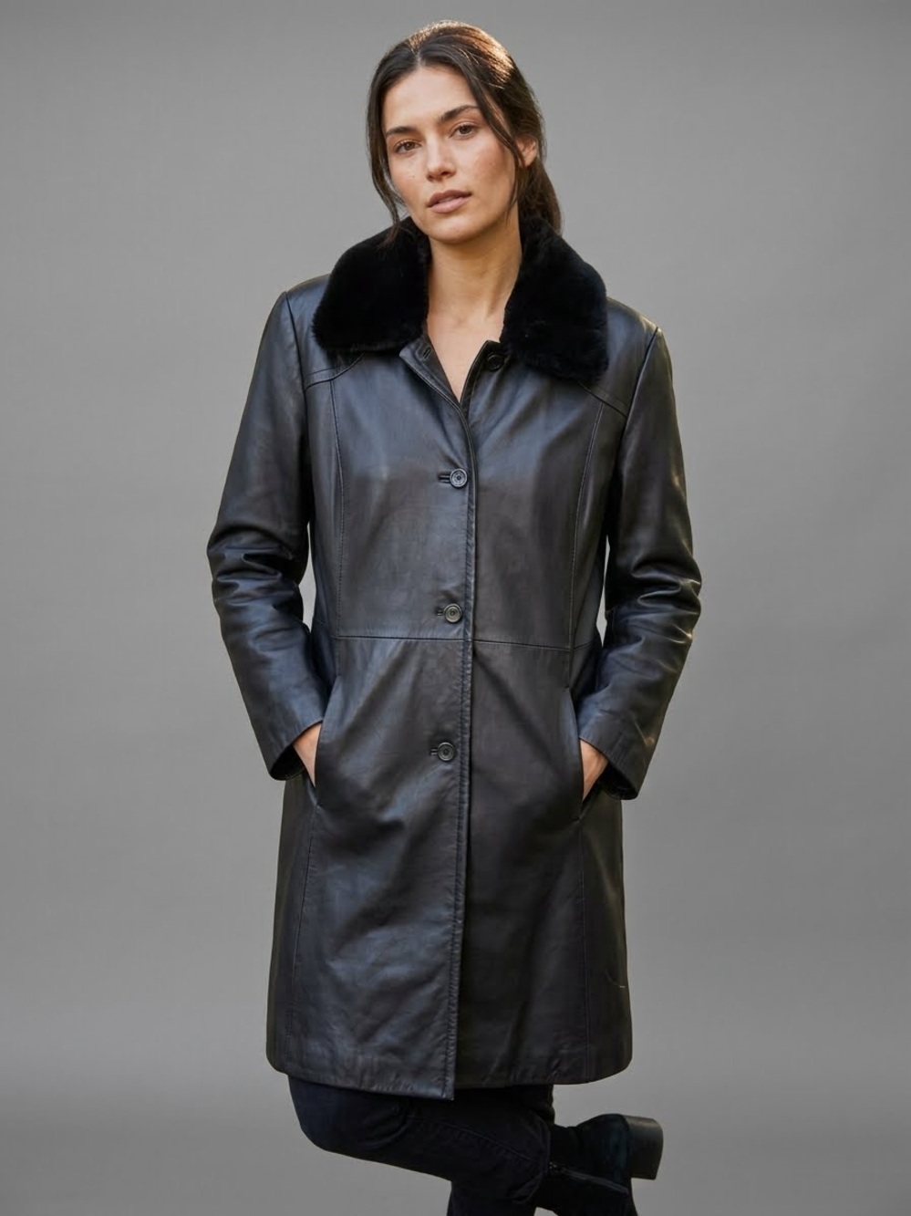 Vintage Worthington Lambskin Soft Leather Coat Black Fur Trim Hood